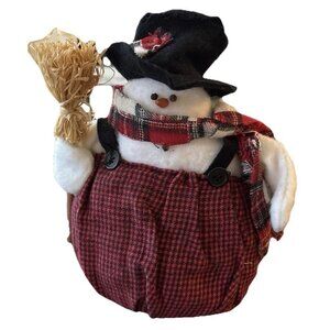 Primitive 8.5”  Handmade Christmas Snowman w/flannel Pants & Suspenders & Broom